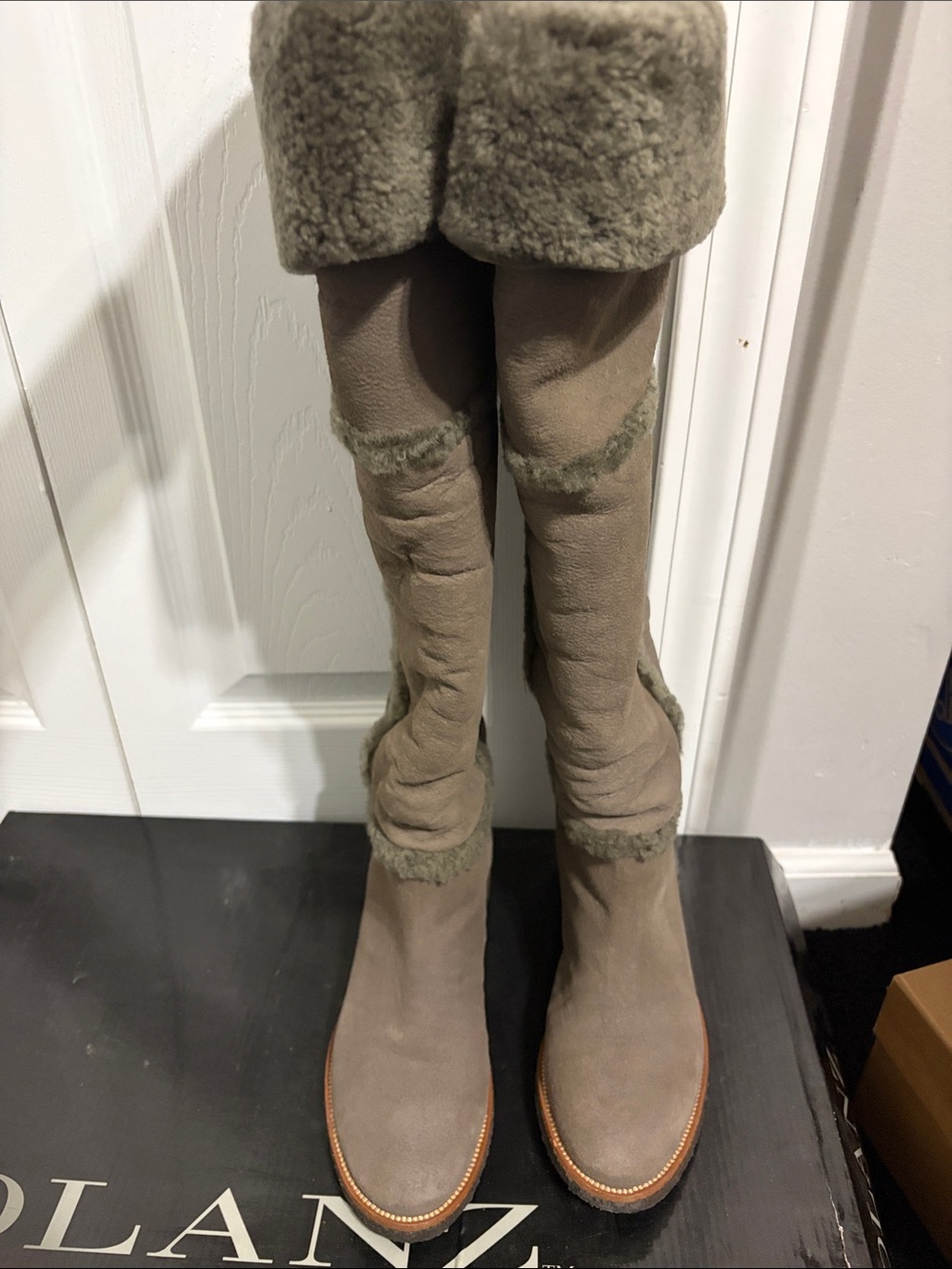 Over-the-Knee Suede Boots in Taupe with Faux Shearling Trim